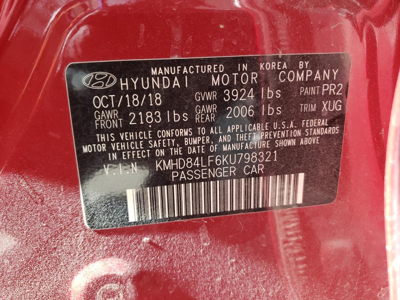 KMHD84LF6KU798321 2019 Hyundai Elantra Sel