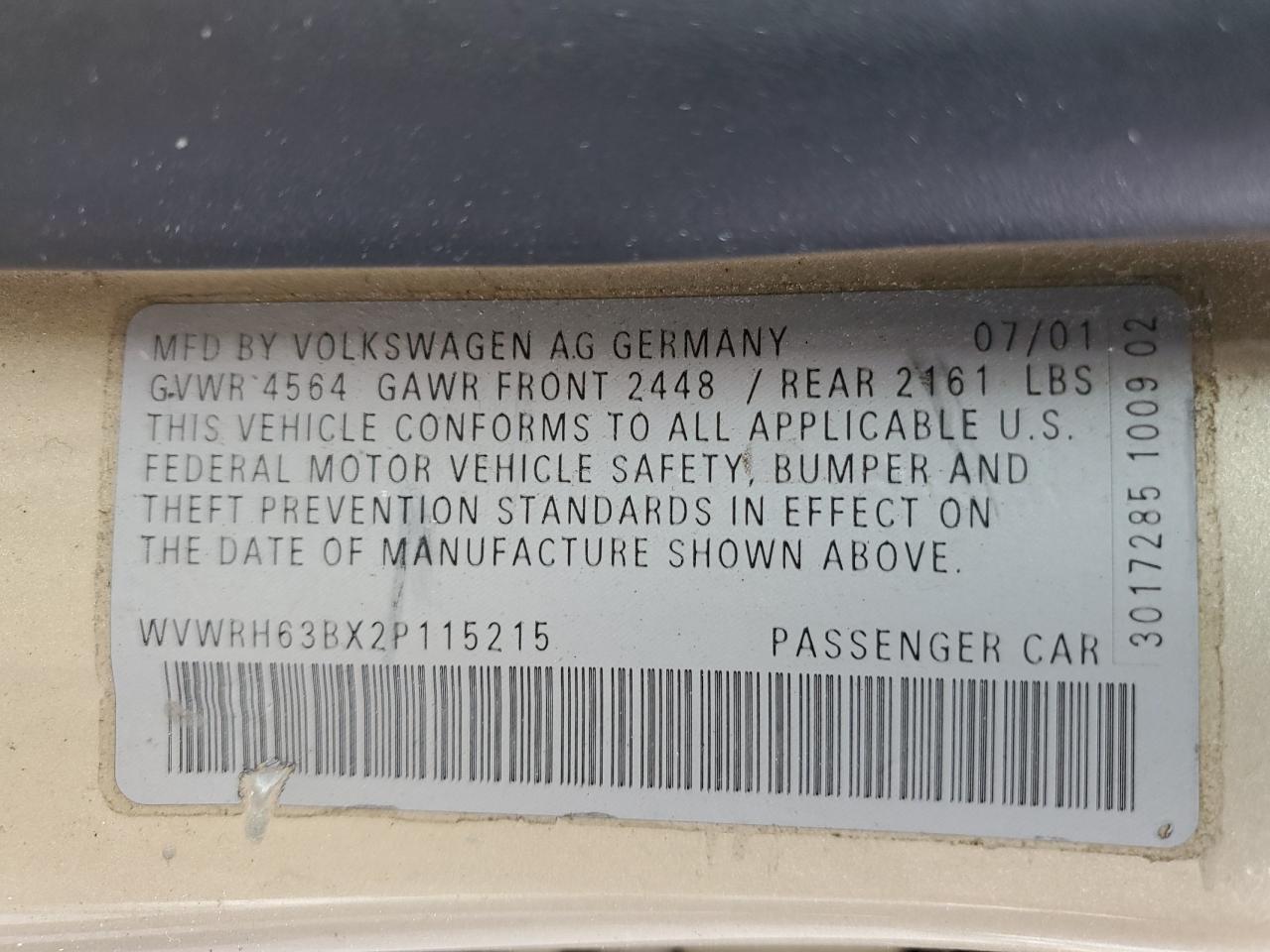 WVWRH63BX2P115215 2002 Volkswagen Passat Glx