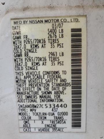 2007 Nissan Xterra Off Road VIN: 5N1AN08W27C533440 Lot: 56951084