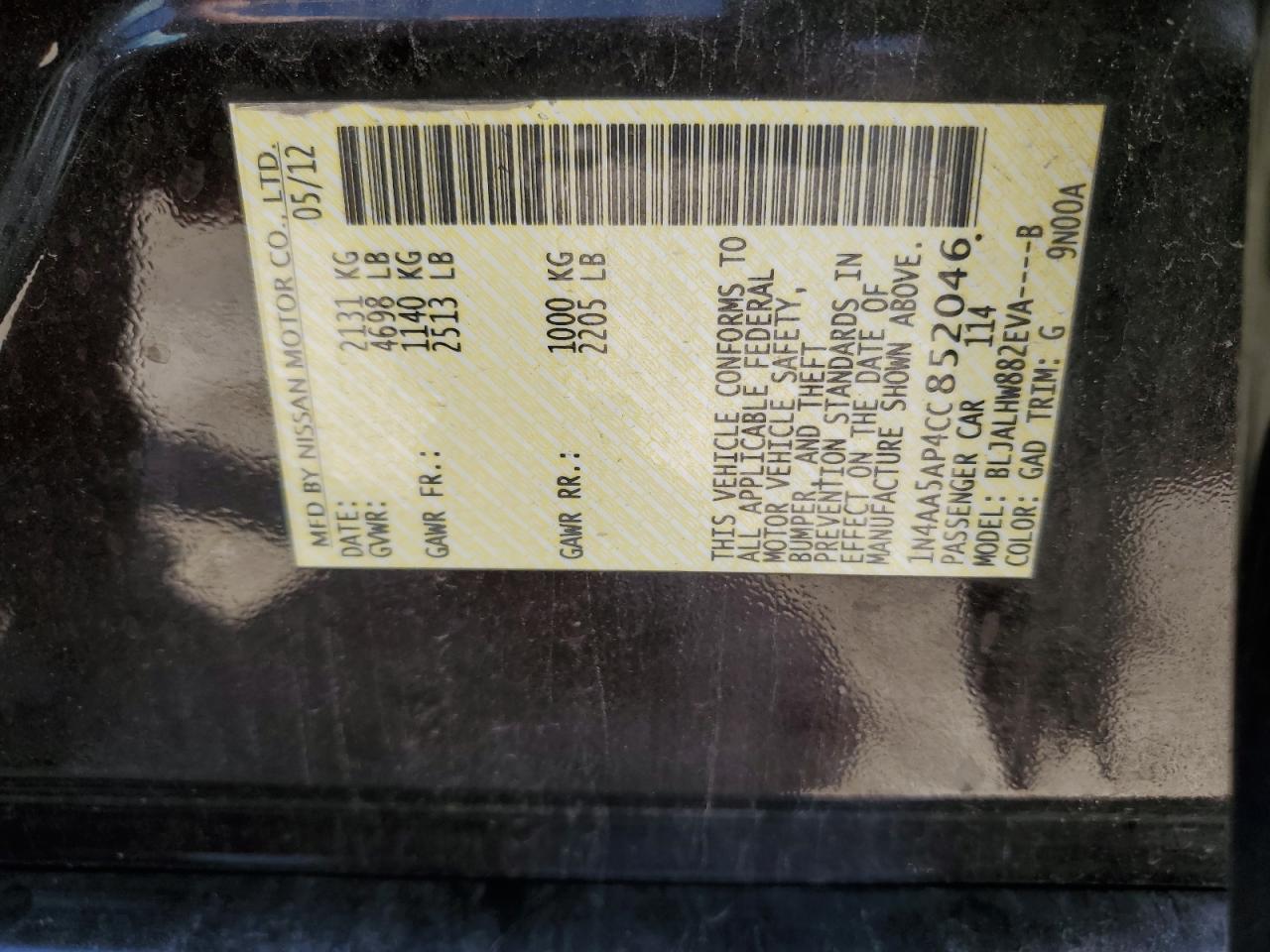 1N4AA5AP4CC852046 2012 Nissan Maxima S