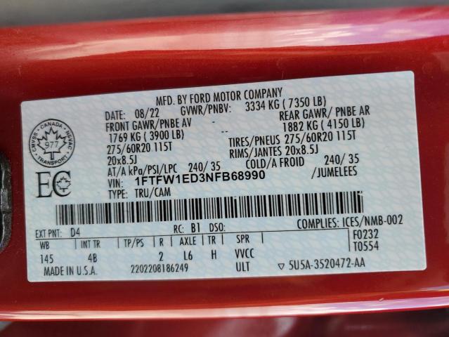 2022 Ford F150 Supercrew VIN: 1FTFW1ED3NFB68990 Lot: 55202974
