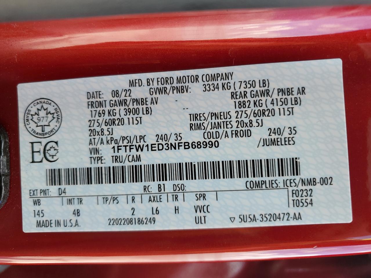 1FTFW1ED3NFB68990 2022 Ford F150 Supercrew