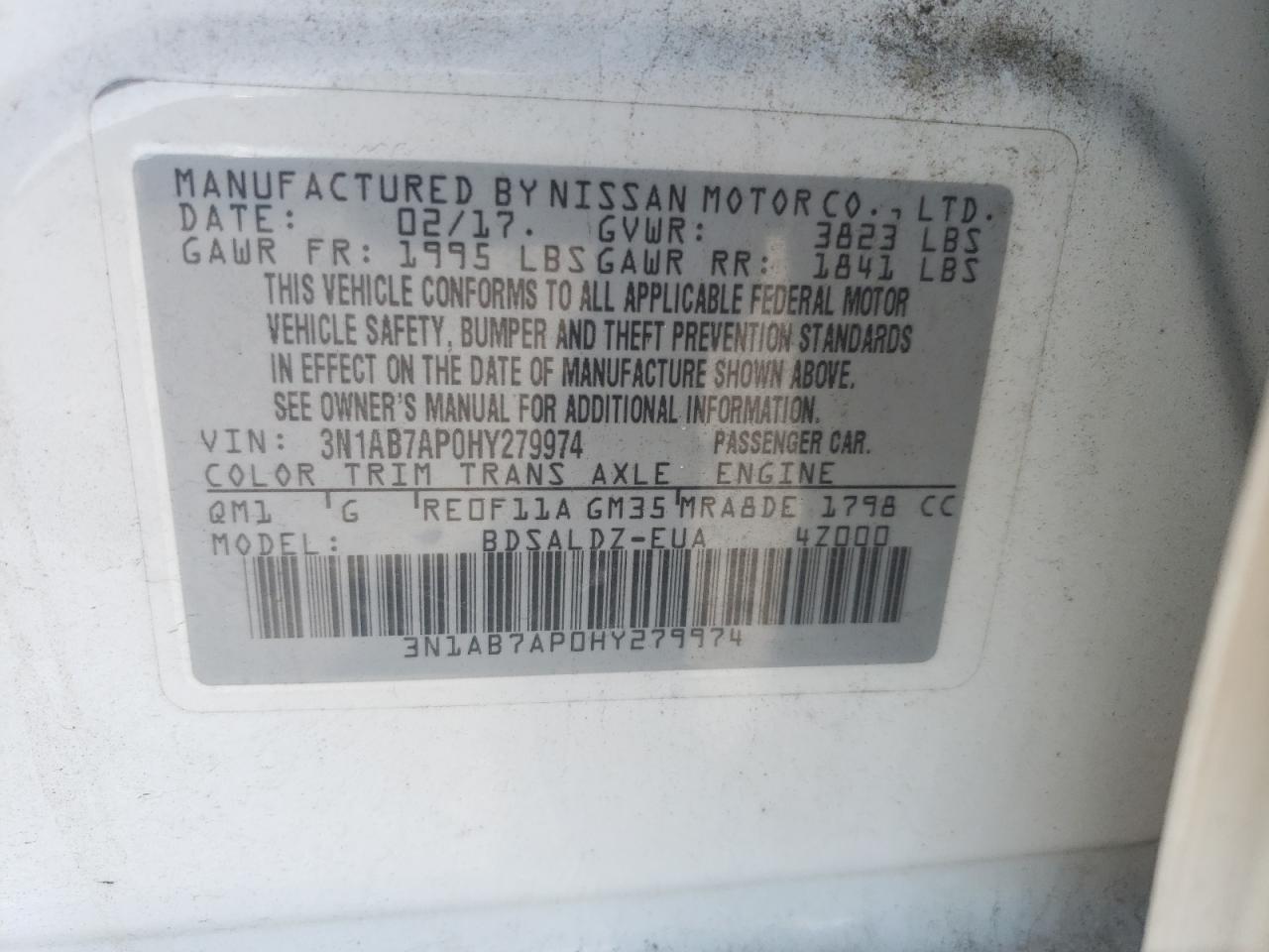 3N1AB7AP0HY279974 2017 Nissan Sentra S