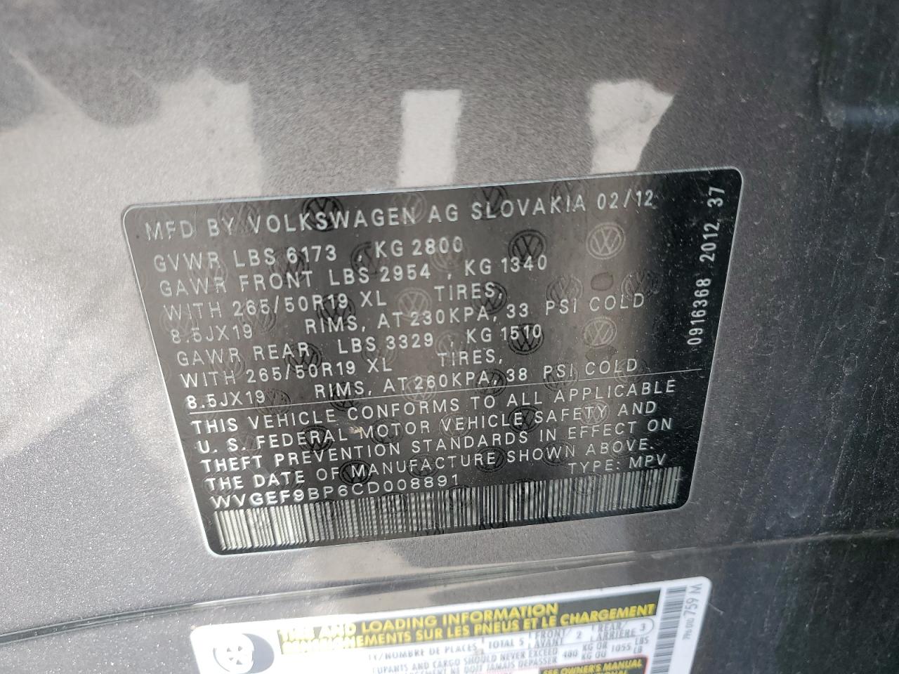 WVGEF9BP6CD008891 2012 Volkswagen Touareg V6