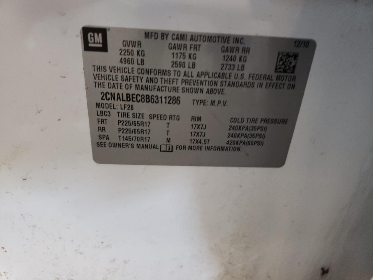 2CNALBEC8B6311286 2011 Chevrolet Equinox Ls