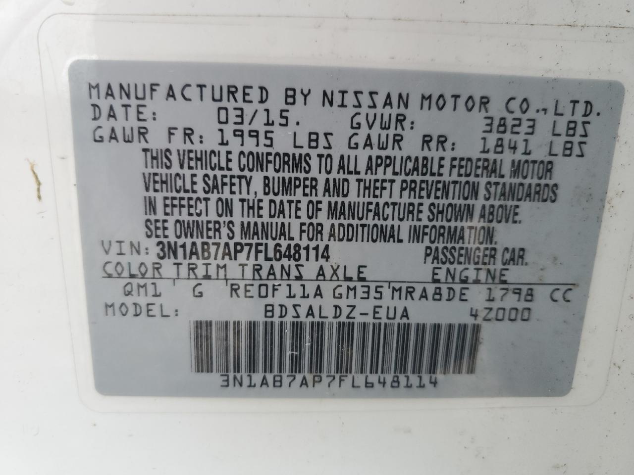 3N1AB7AP7FL648114 2015 Nissan Sentra S