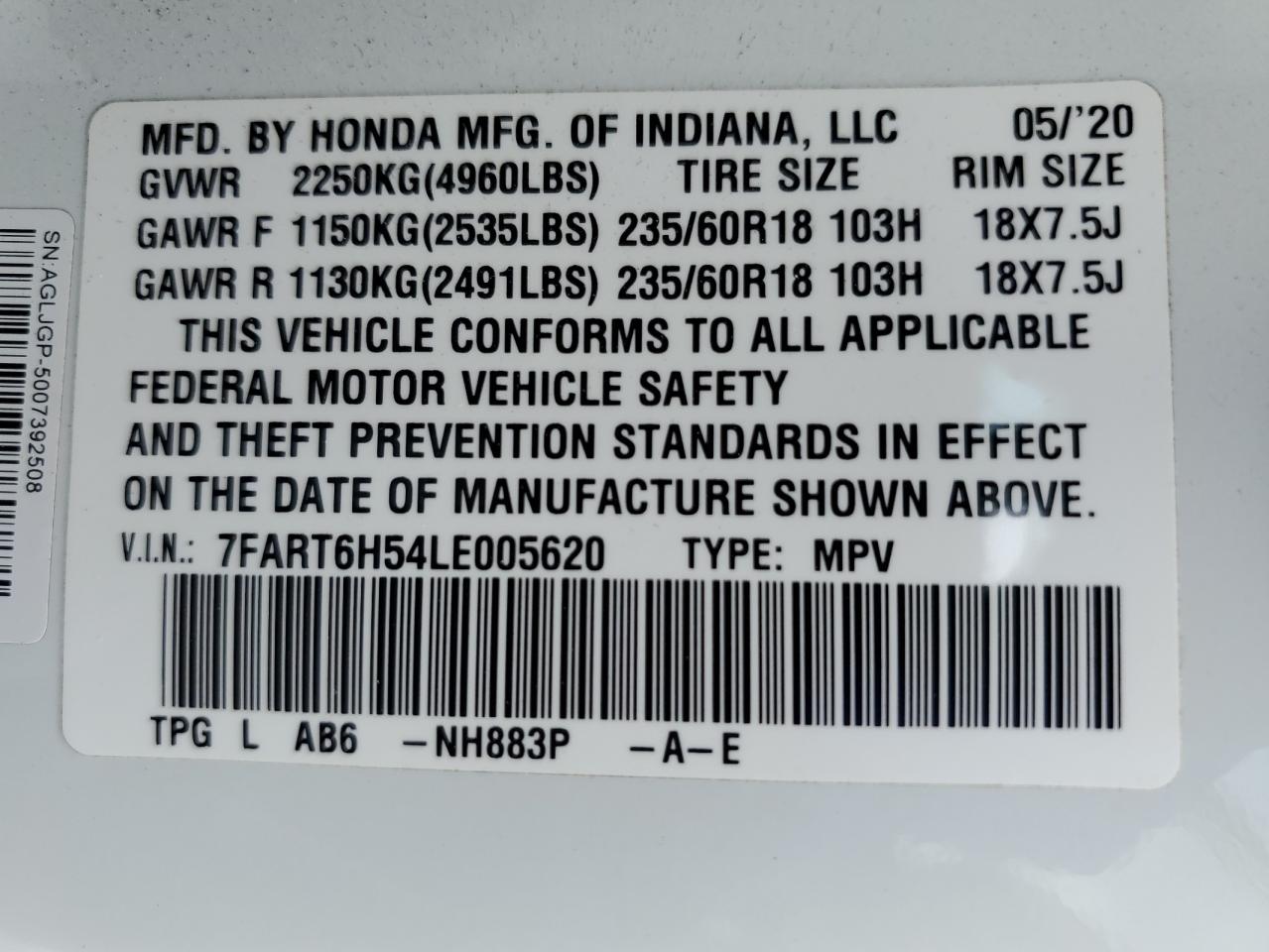 7FART6H54LE005620 2020 Honda Cr-V Ex