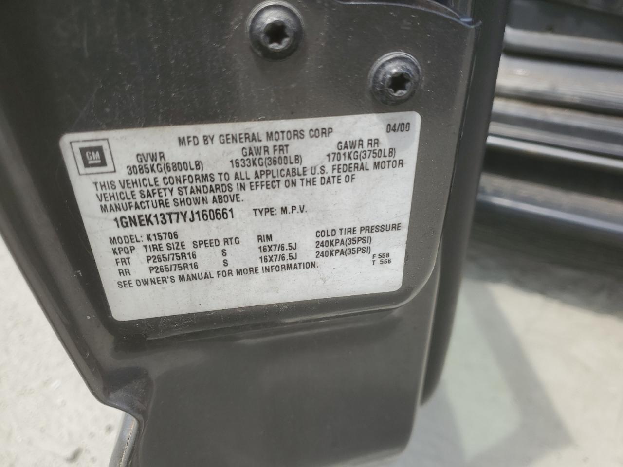 1GNEK13T7YJ160661 2000 Chevrolet Tahoe K1500