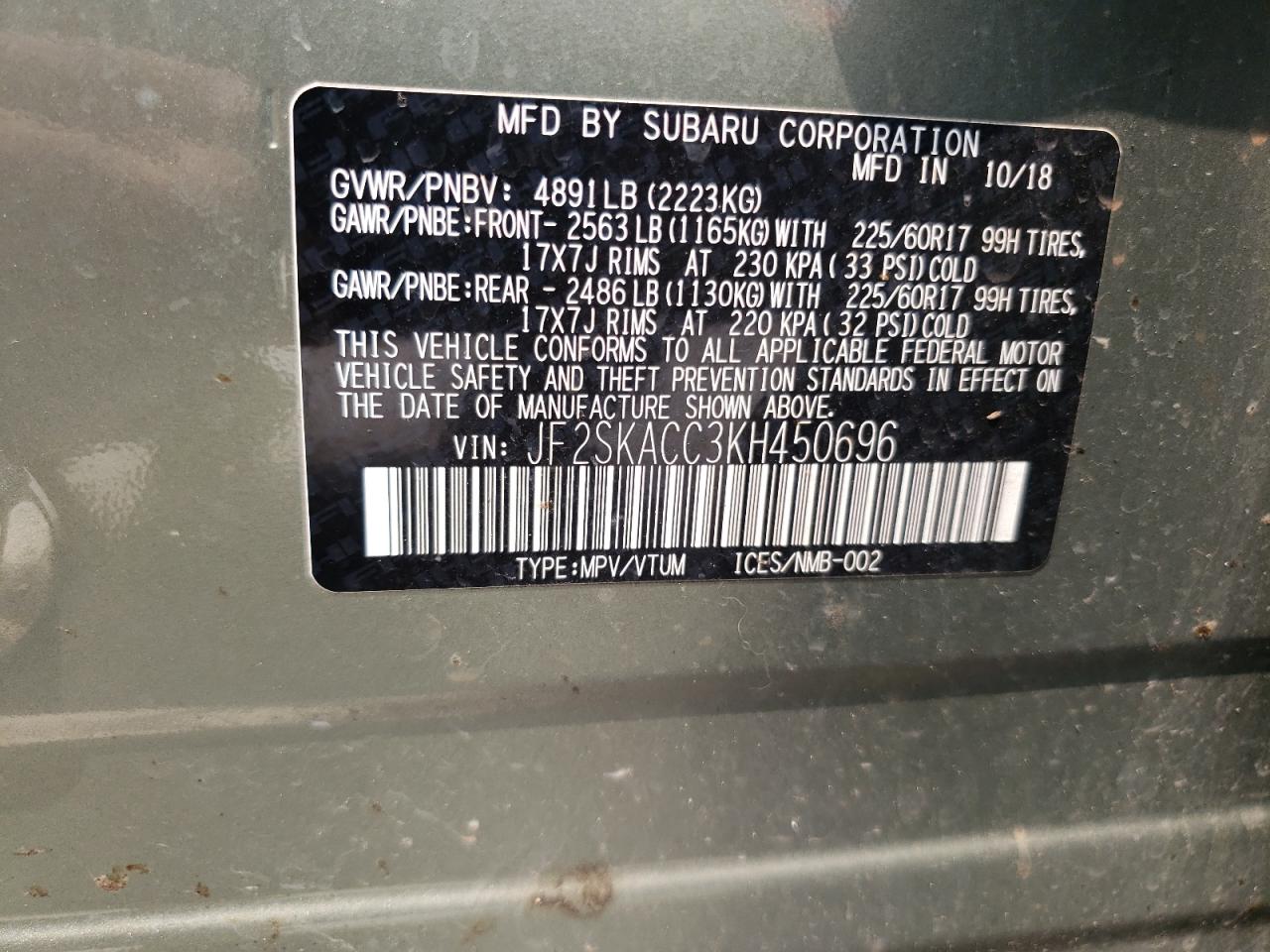 JF2SKACC3KH450696 2019 Subaru Forester