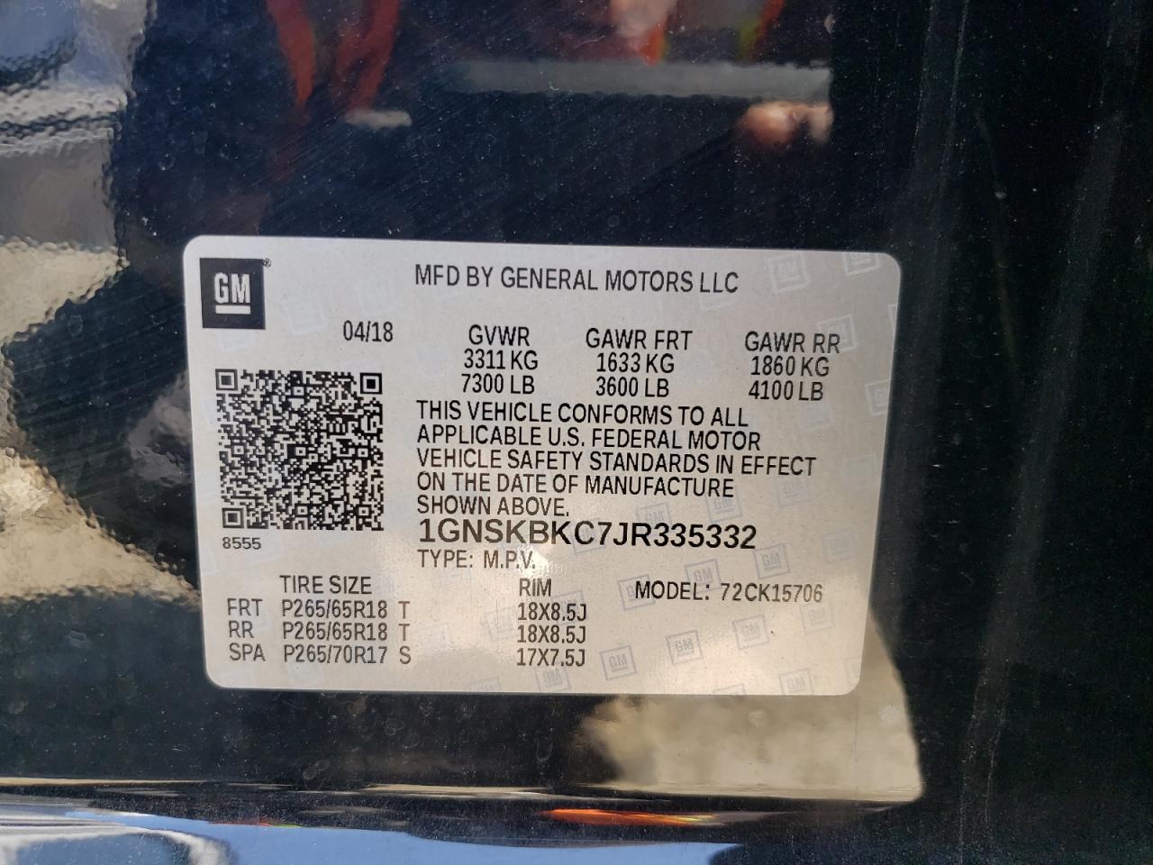 1GNSKBKC7JR335332 2018 Chevrolet Tahoe K1500 Lt