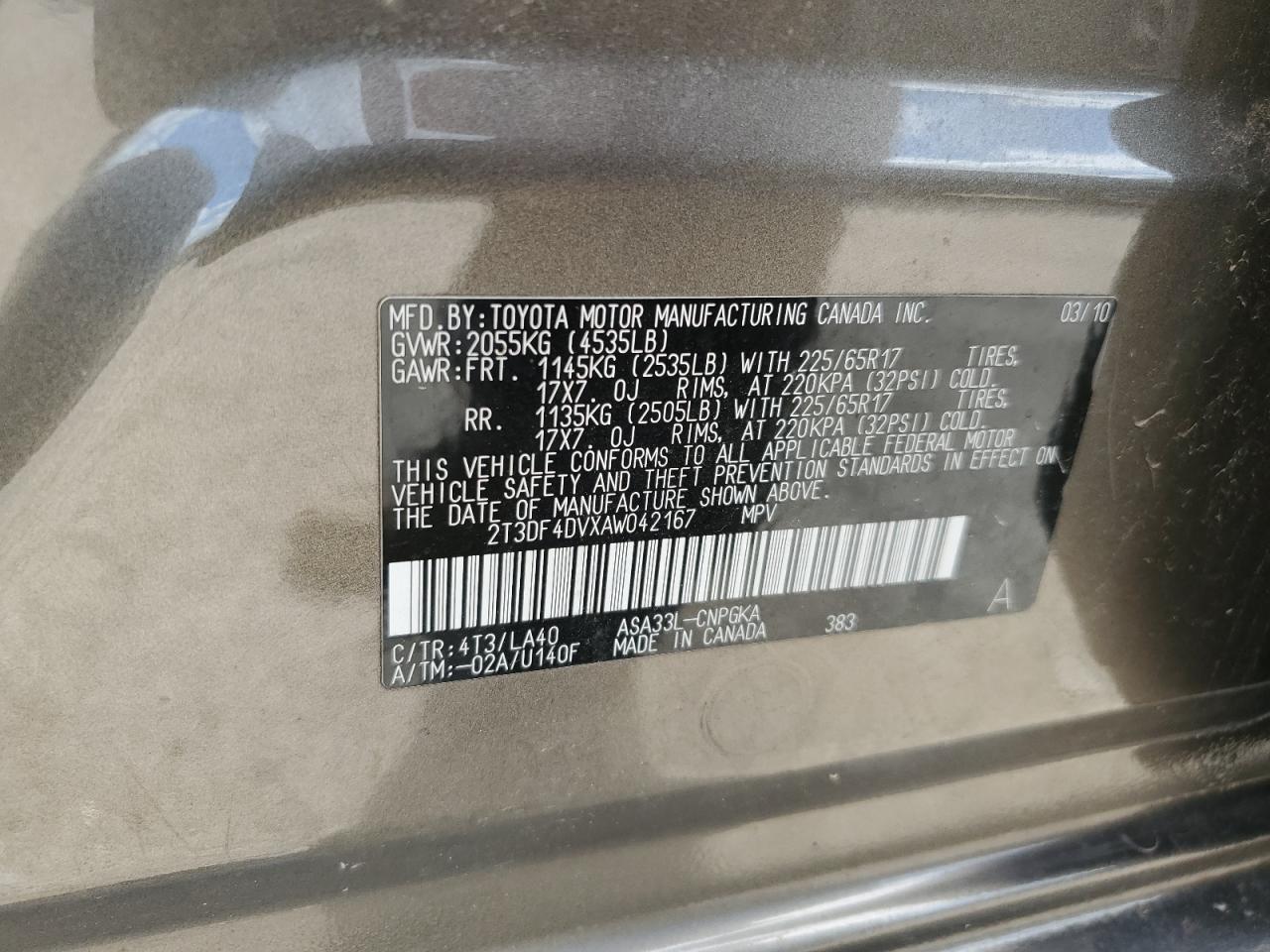 2T3DF4DVXAW042167 2010 Toyota Rav4 Limited