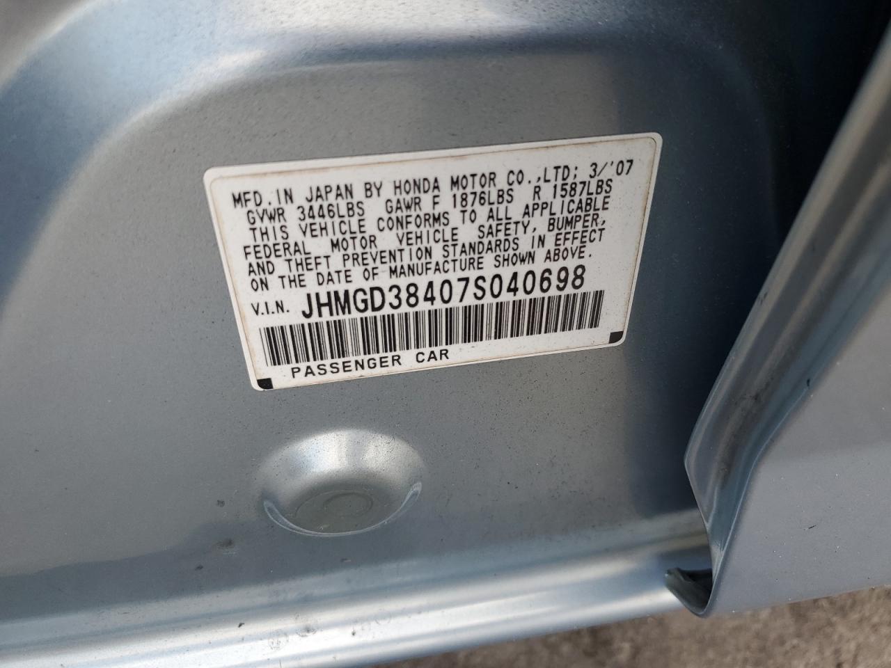 JHMGD38407S040698 2007 Honda Fit