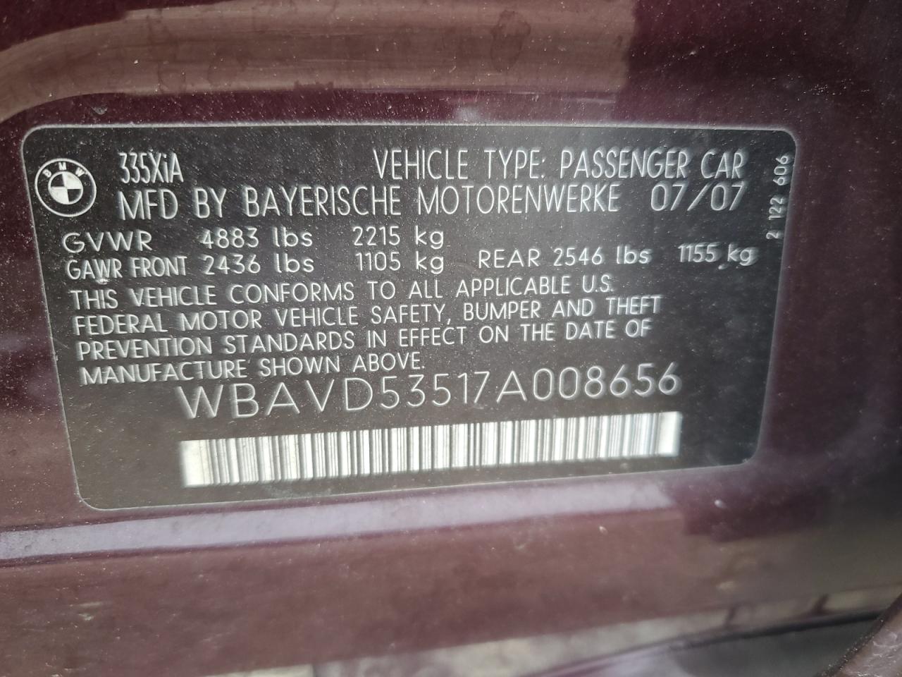 WBAVD53517A008656 2007 BMW 335 Xi