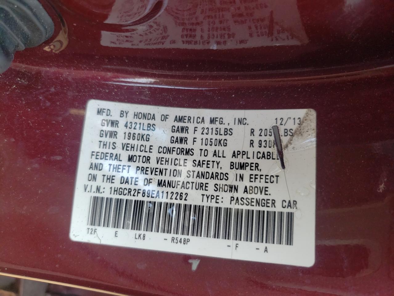 1HGCR2F89EA112262 2014 Honda Accord Exl