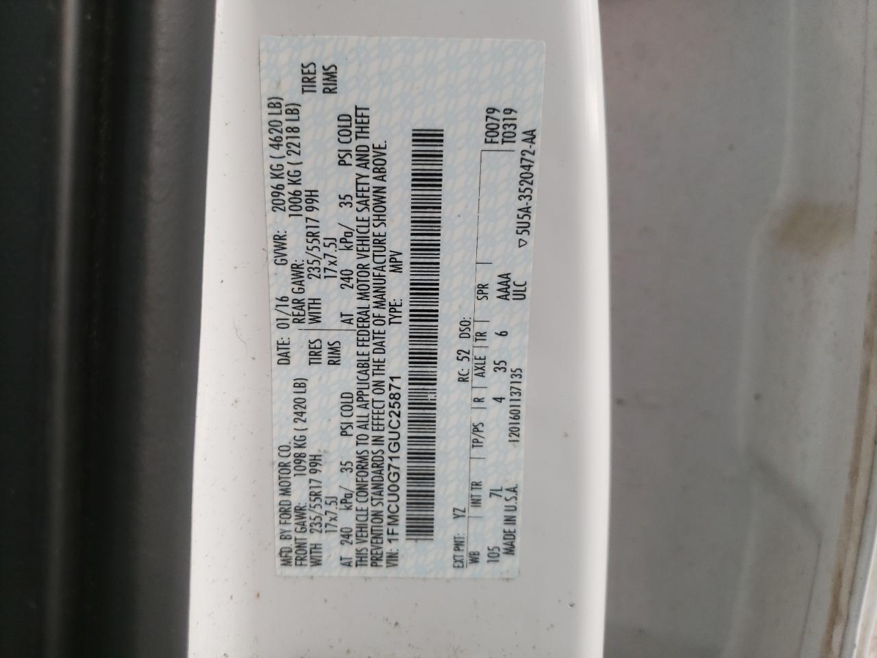 1FMCU0G71GUC25871 2016 Ford Escape Se