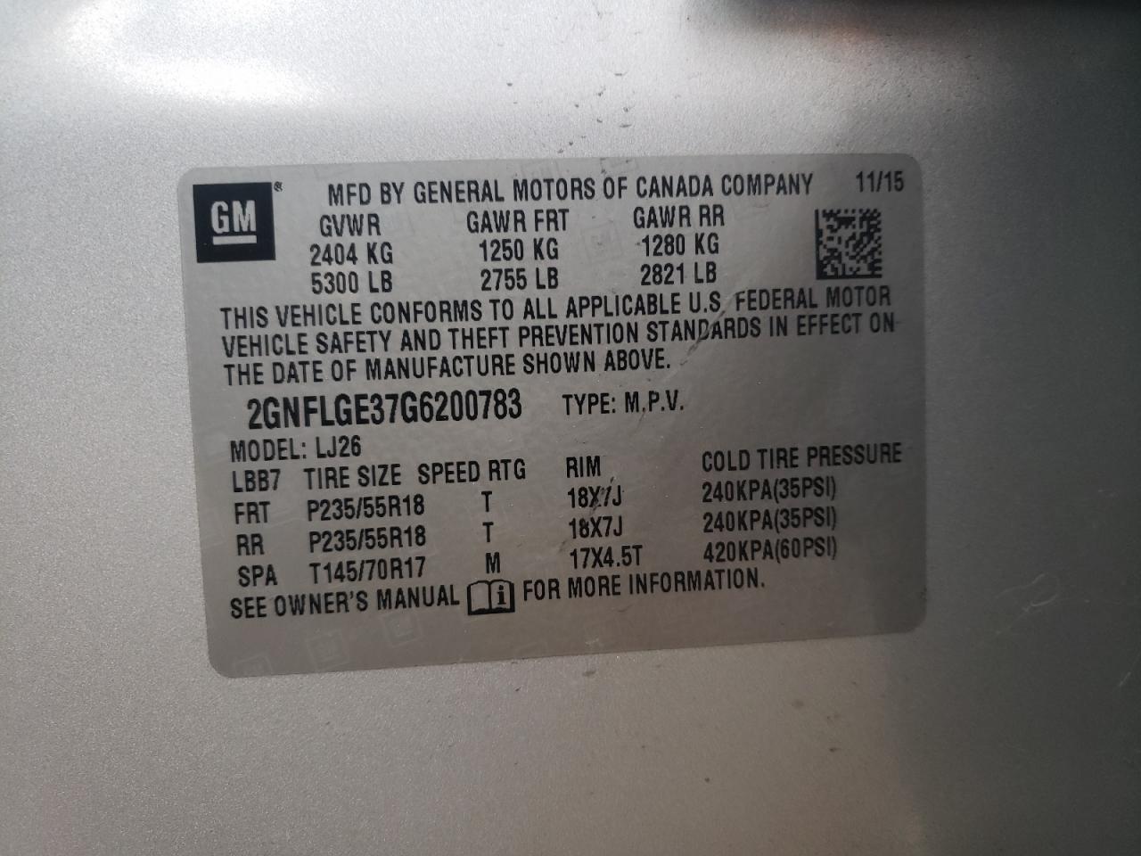 2GNFLGE37G6200783 2016 Chevrolet Equinox Ltz