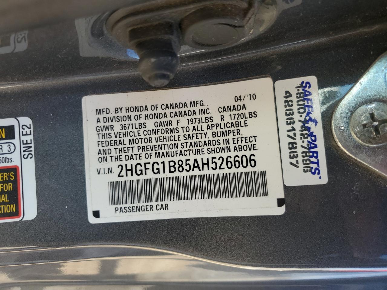 2HGFG1B85AH526606 2010 Honda Civic Ex