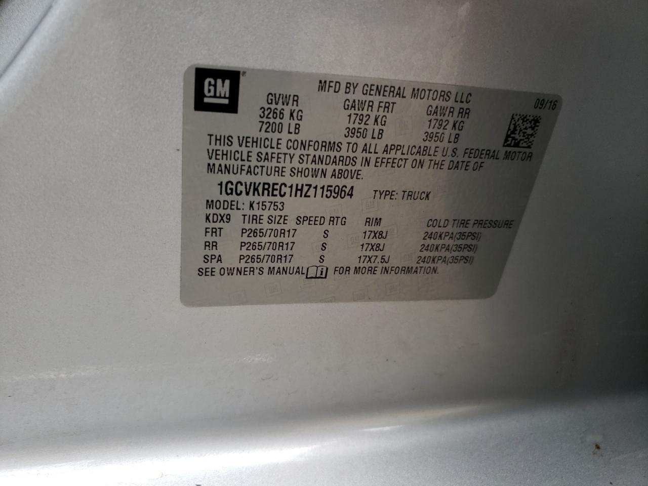 1GCVKREC1HZ115964 2017 Chevrolet Silverado K1500 Lt