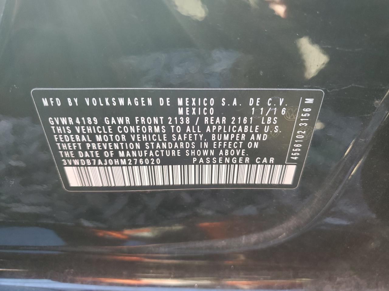 3VWDB7AJ0HM276020 2017 Volkswagen Jetta Se