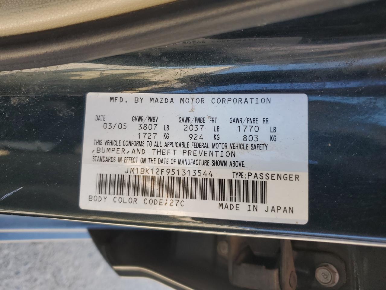 JM1BK12F951313544 2005 Mazda 3 I