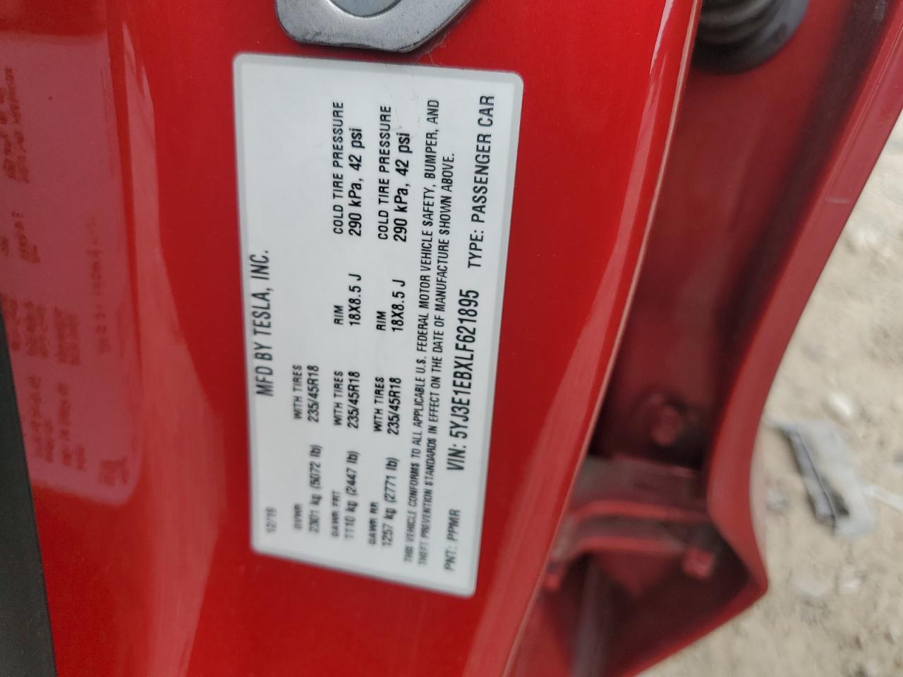 5YJ3E1EBXLF621895 2020 Tesla Model 3