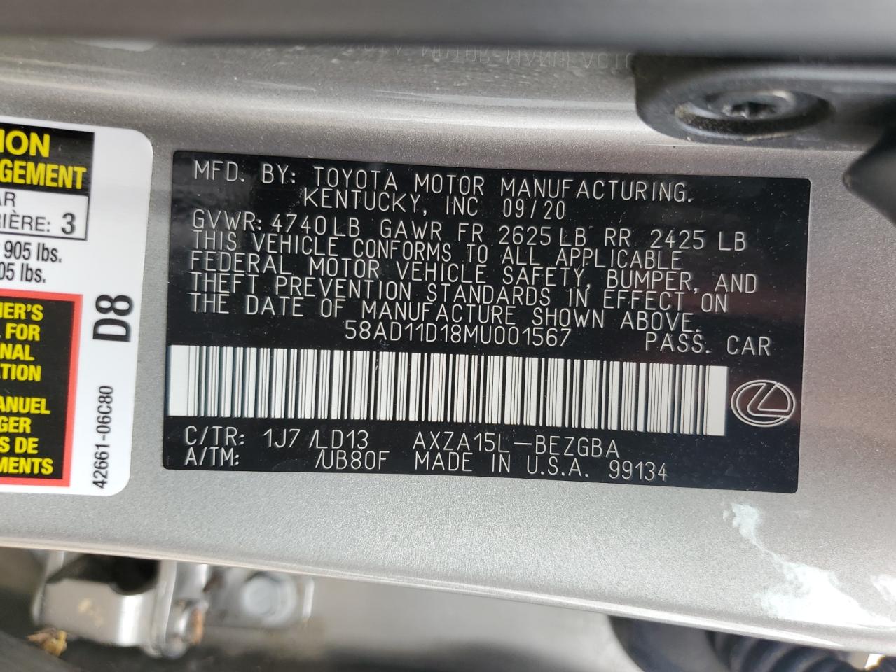 58AD11D18MU001567 2021 Lexus Es 250 Base