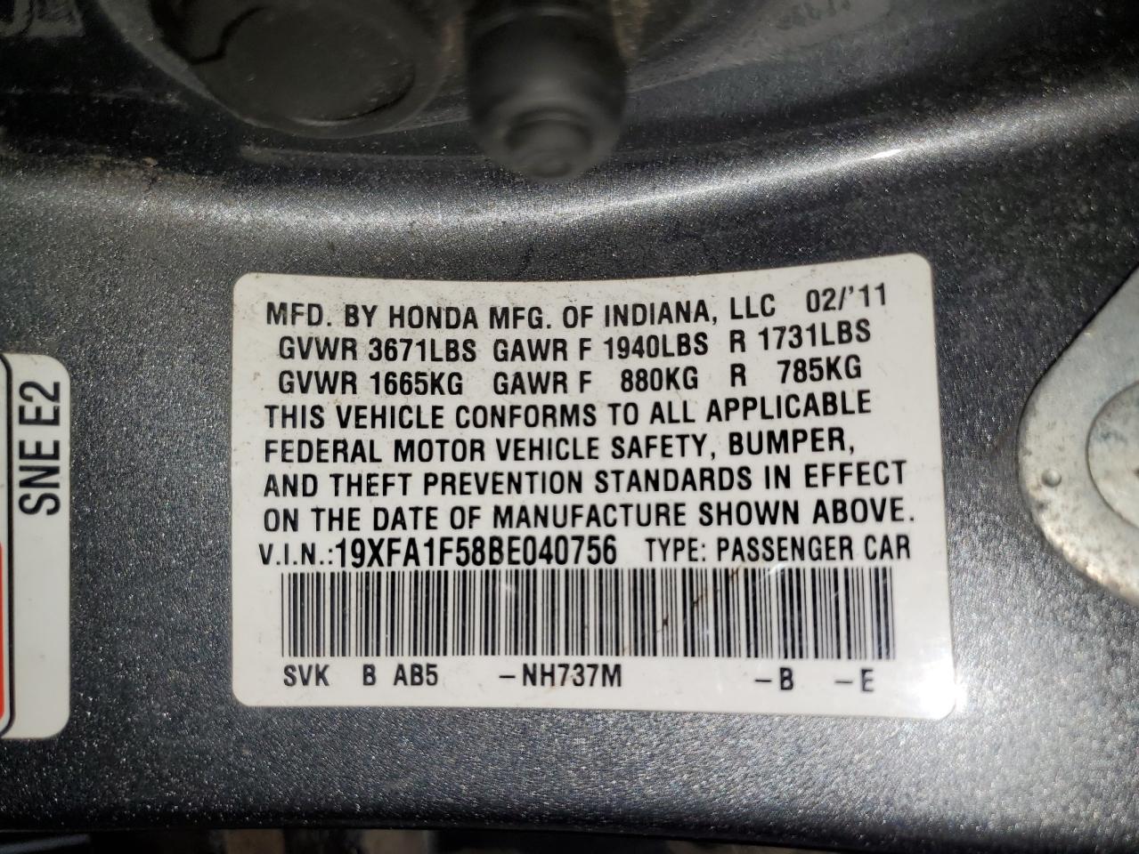 19XFA1F58BE040756 2011 Honda Civic Lx