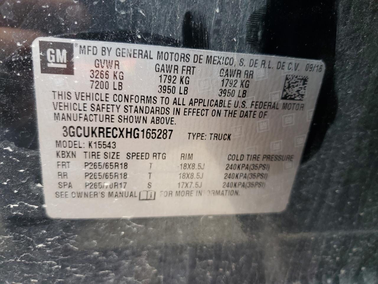 3GCUKRECXHG165287 2017 Chevrolet Silverado K1500 Lt