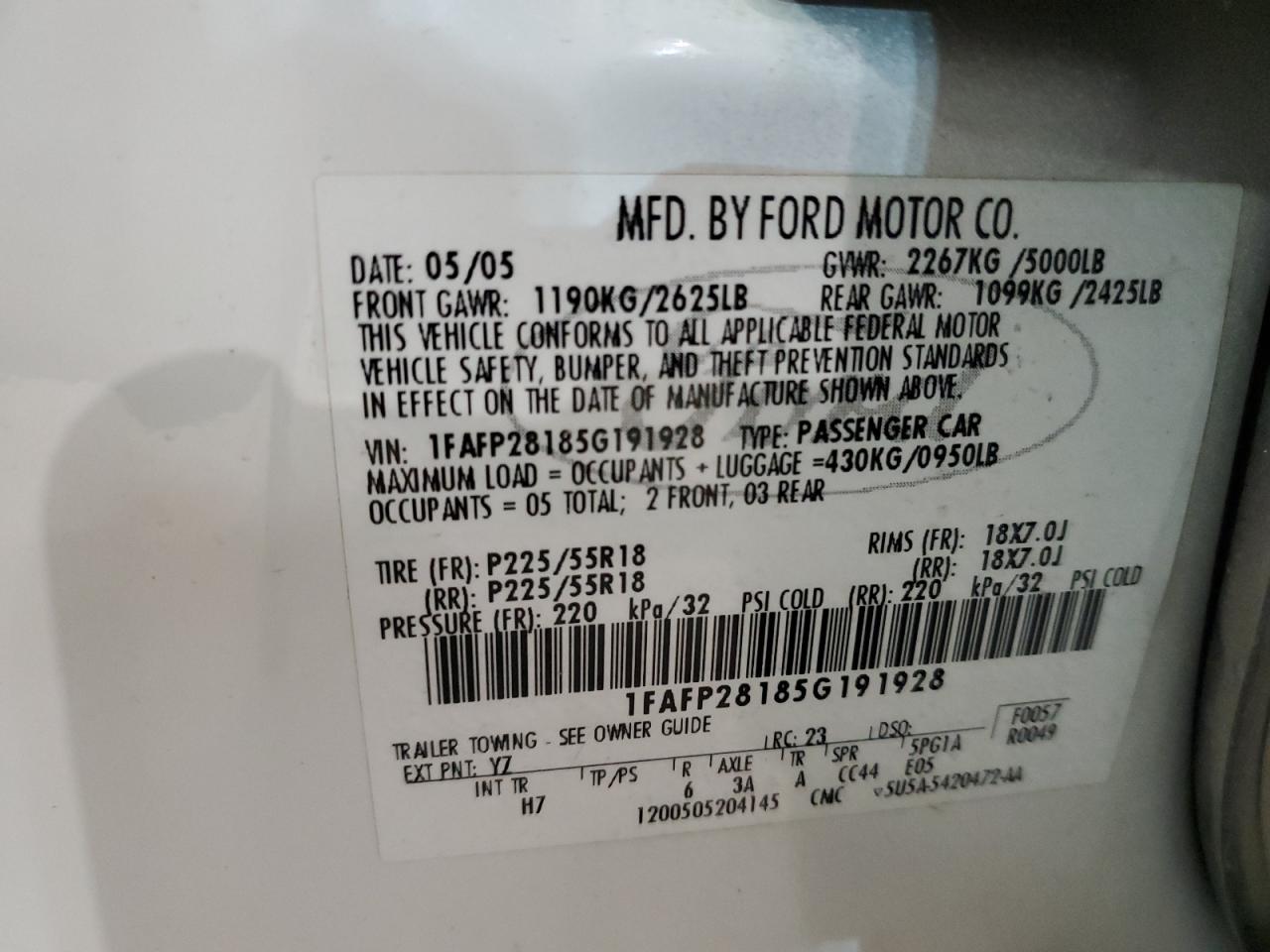 1FAFP28185G191928 2005 Ford Five Hundred Limited