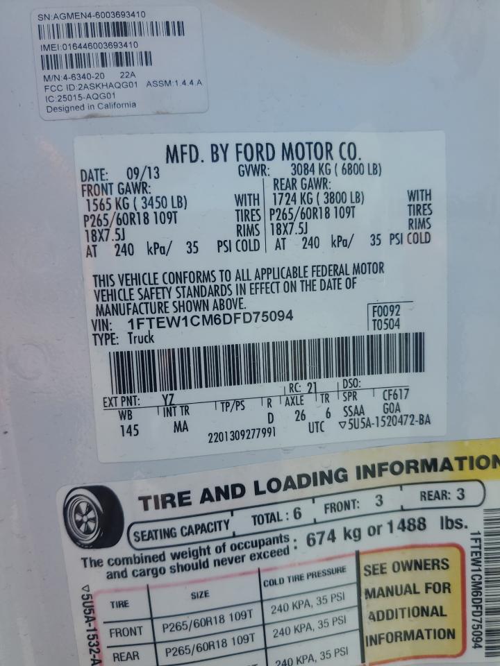 1FTEW1CM6DFD75094 2013 Ford F150 Supercrew