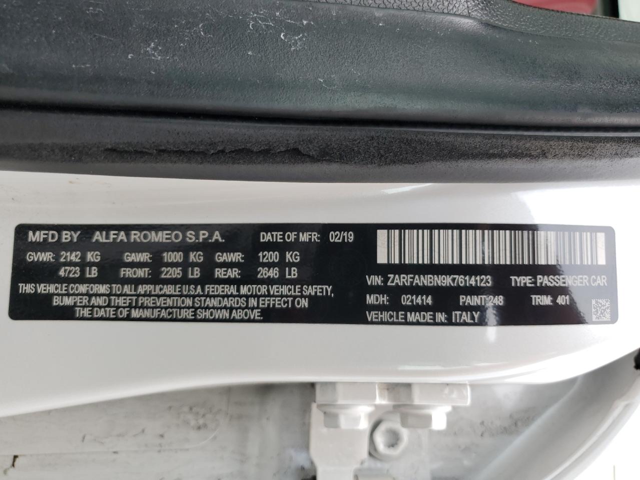 ZARFANBN9K7614123 2019 Alfa Romeo Giulia Ti