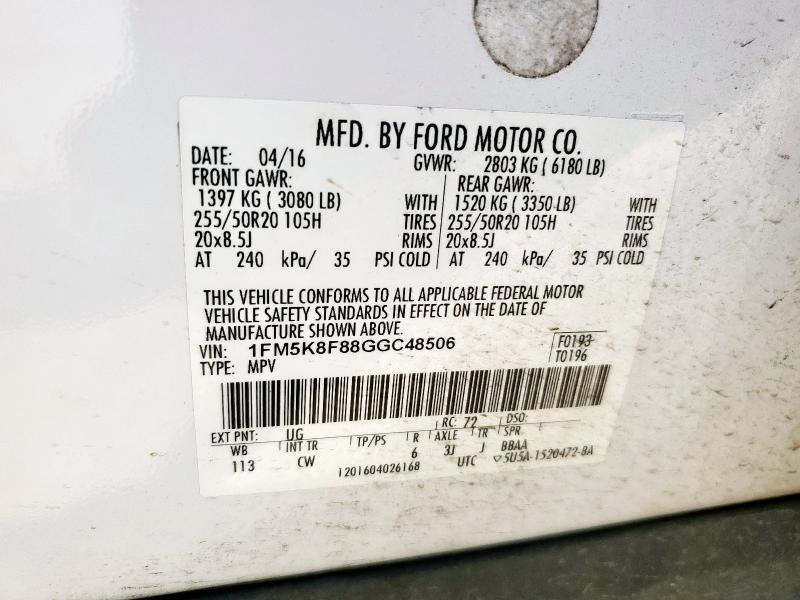 2016 FORD EXPLORER L - 1FM5K8F88GGC48506