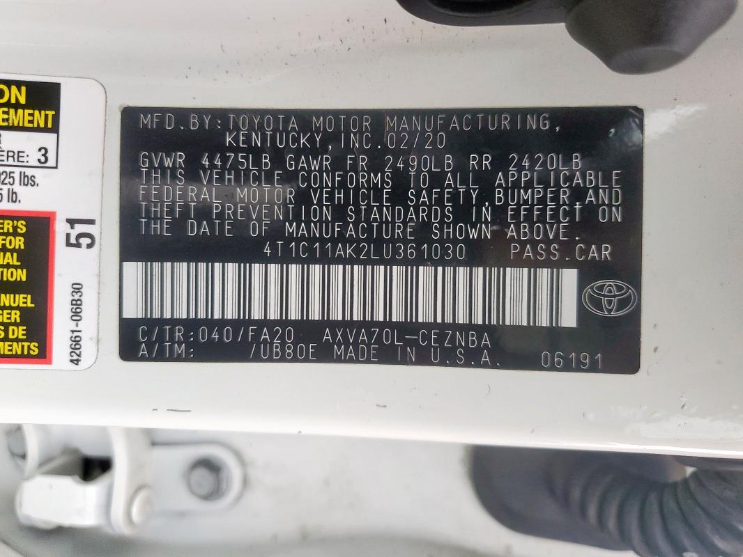 4t1c11ak2lu361030 - 2020 Toyota Camry Le - #55260565