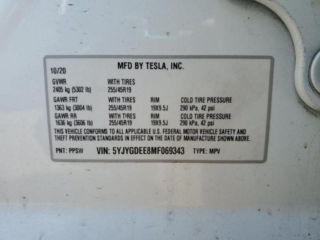 2021 TESLA MODEL Y 5YJYGDEE8MF069343