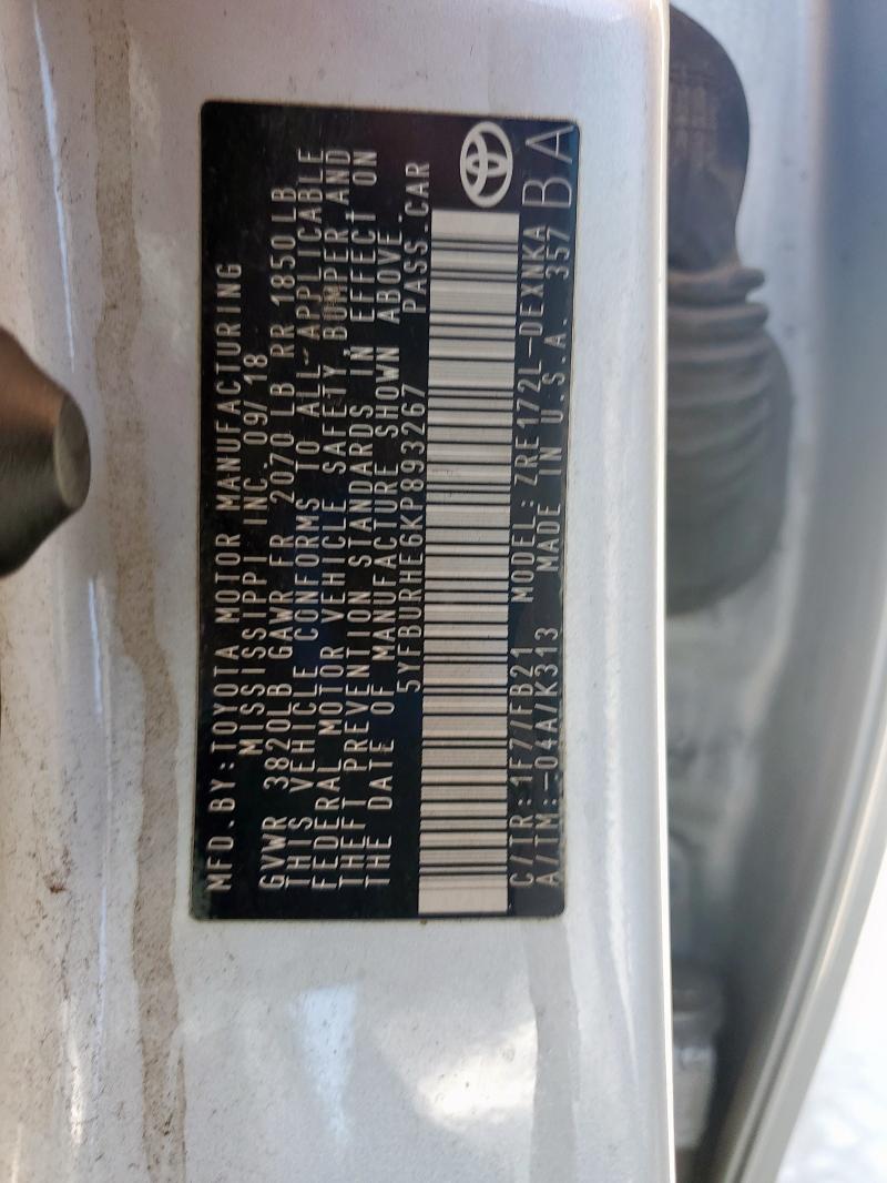 2019 TOYOTA COROLLA L - 5YFBURHE6KP893267