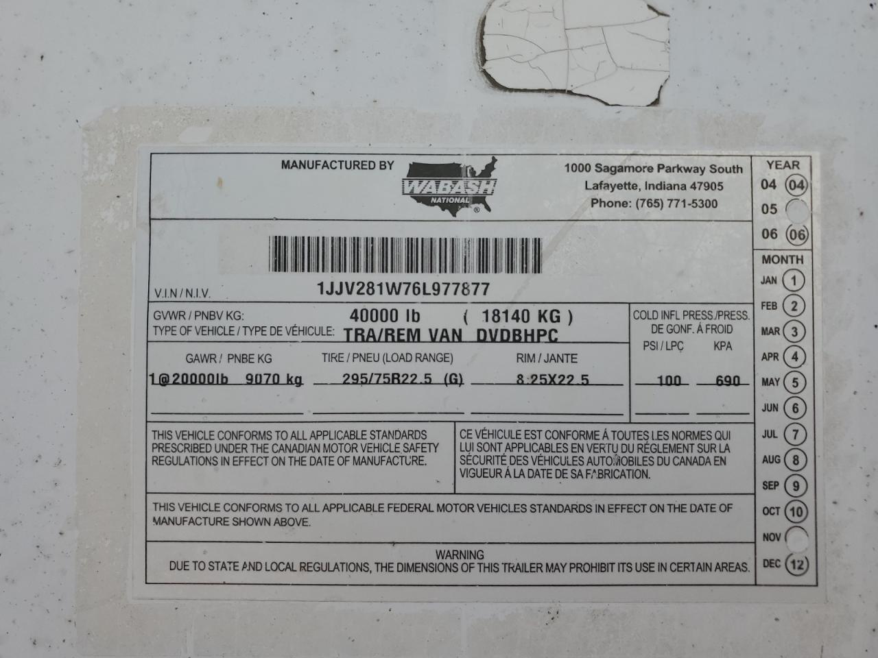 Lot #3182505880 2006 WABASH VAN