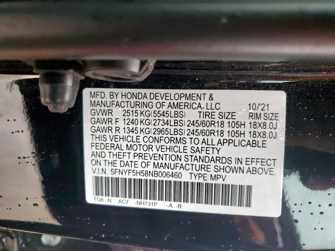 2022 HONDA PILOT EXL - 5FNYF5H58NB006460