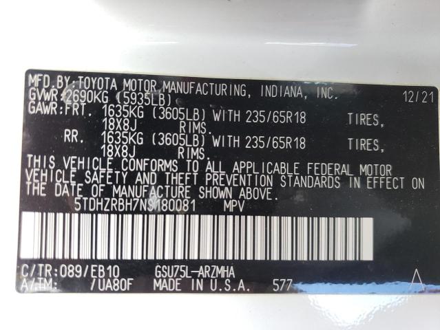 2022 TOYOTA HIGHLANDER - 5TDHZRBH7NS180081