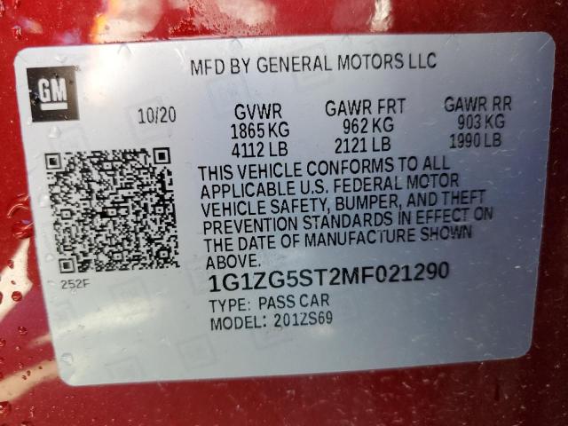 2021 CHEVROLET MALIBU RS 1G1ZG5ST2MF021290