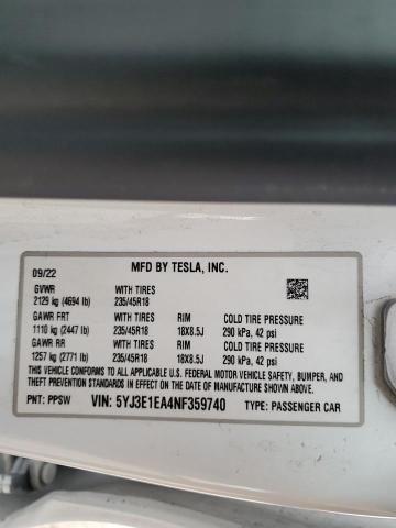 2022 TESLA MODEL 3 5YJ3E1EA4NF359740