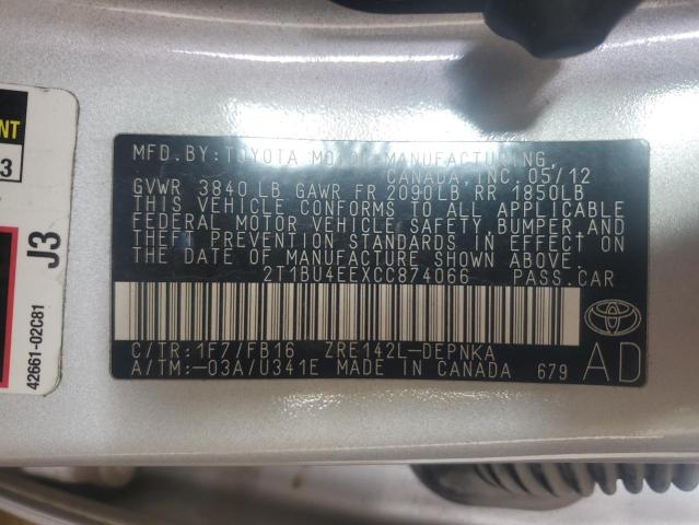 2012 TOYOTA COROLLA BA - 2T1BU4EEXCC874066