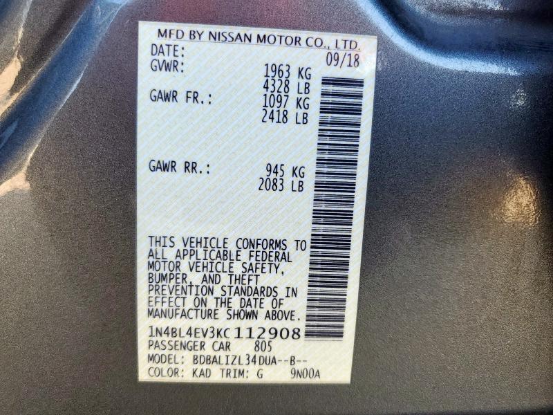 2019 NISSAN ALTIMA SL 1N4BL4EV3KC112908