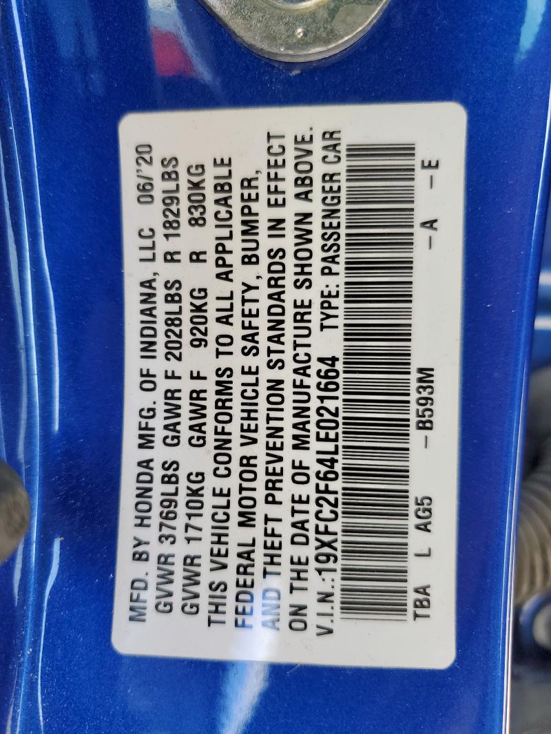 2020 HONDA CIVIC LX 19XFC2F64LE021664