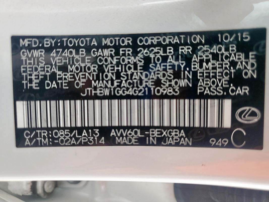 2016 LEXUS ES 300H JTHBW1GG4G2110983