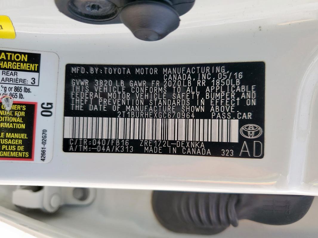 2016 TOYOTA COROLLA L - 2T1BURHEXGC670964