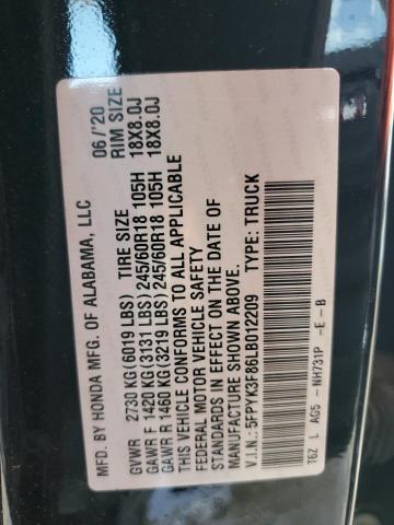 2020 HONDA RIDGELINE 5FPYK3F86LB012209