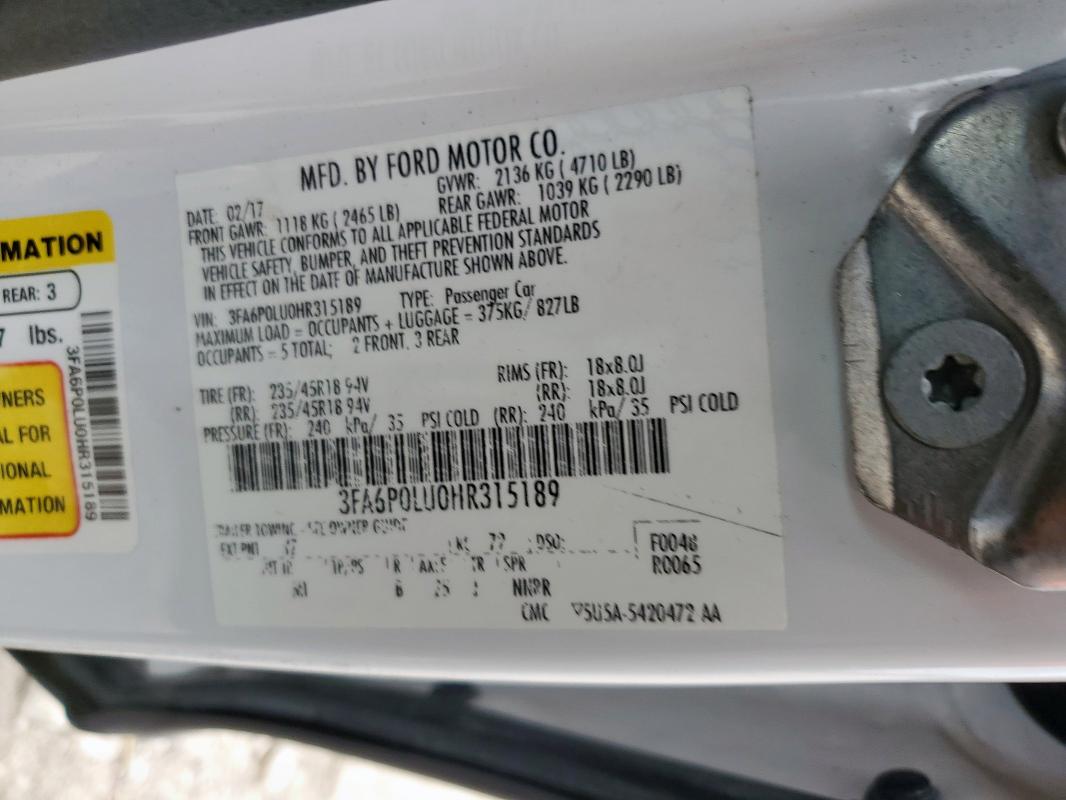 2017 FORD FUSION SE - 3FA6P0LU0HR315189