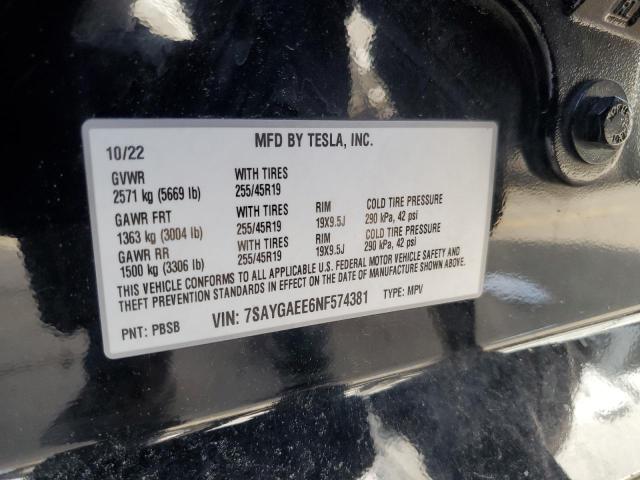 2022 TESLA MODEL Y 7SAYGAEE6NF574381