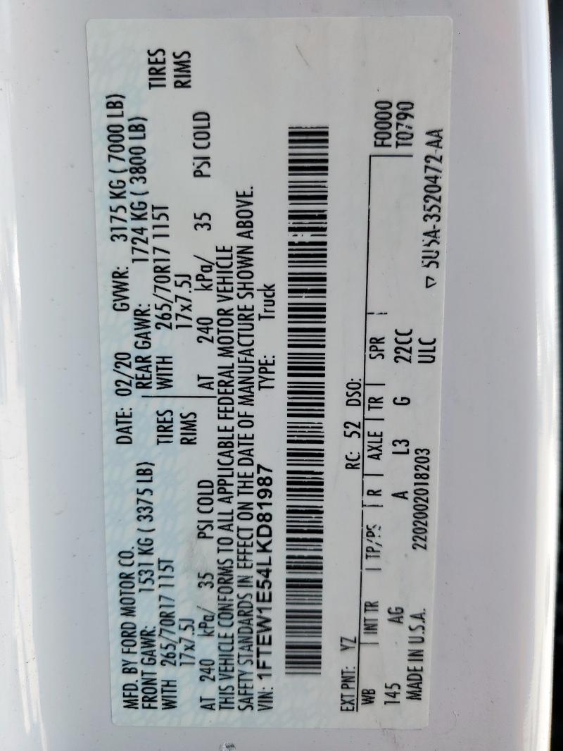 2020 FORD F150 SUPER - 1FTEW1E54LKD81987
