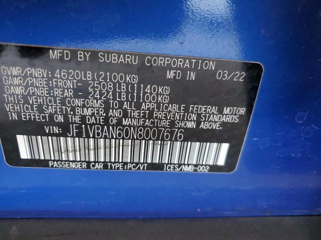 2022 SUBARU WRX LIMITE JF1VBAN60N8007676